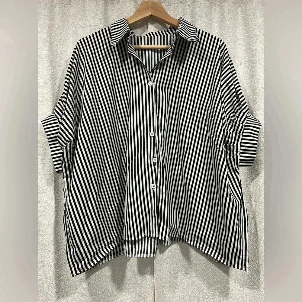 SHEIN Tall Striped Print Batwing Sleeve Shirt - Picture 2 of 4